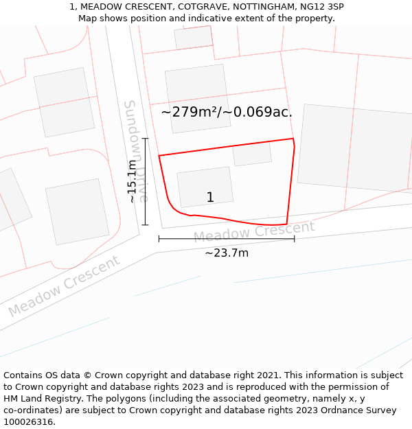 1, MEADOW CRESCENT, COTGRAVE, NOTTINGHAM, NG12 3SP: Plot and title map