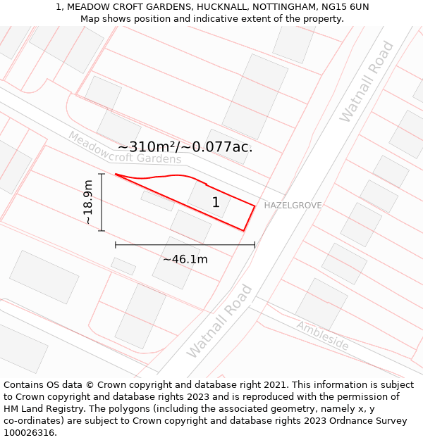 1, MEADOW CROFT GARDENS, HUCKNALL, NOTTINGHAM, NG15 6UN: Plot and title map