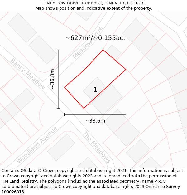 1, MEADOW DRIVE, BURBAGE, HINCKLEY, LE10 2BL: Plot and title map