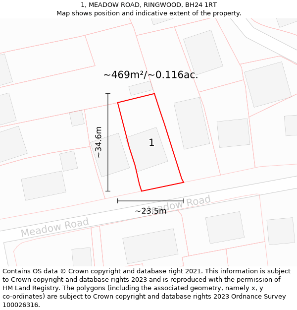 1, MEADOW ROAD, RINGWOOD, BH24 1RT: Plot and title map