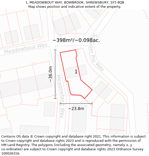 1, MEADOWBOUT WAY, BOWBROOK, SHREWSBURY, SY5 8QB: Plot and title map