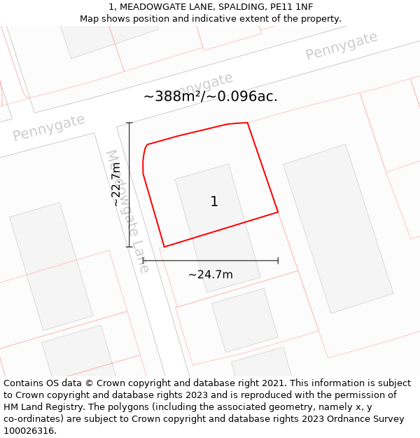 1, MEADOWGATE LANE, SPALDING, PE11 1NF: Plot and title map