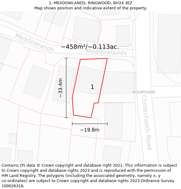 1, MEADOWLANDS, RINGWOOD, BH24 3EZ: Plot and title map