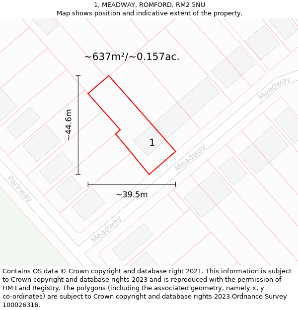 1, MEADWAY, ROMFORD, RM2 5NU: Plot and title map