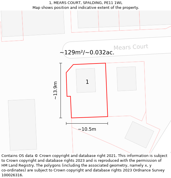 1, MEARS COURT, SPALDING, PE11 1WL: Plot and title map