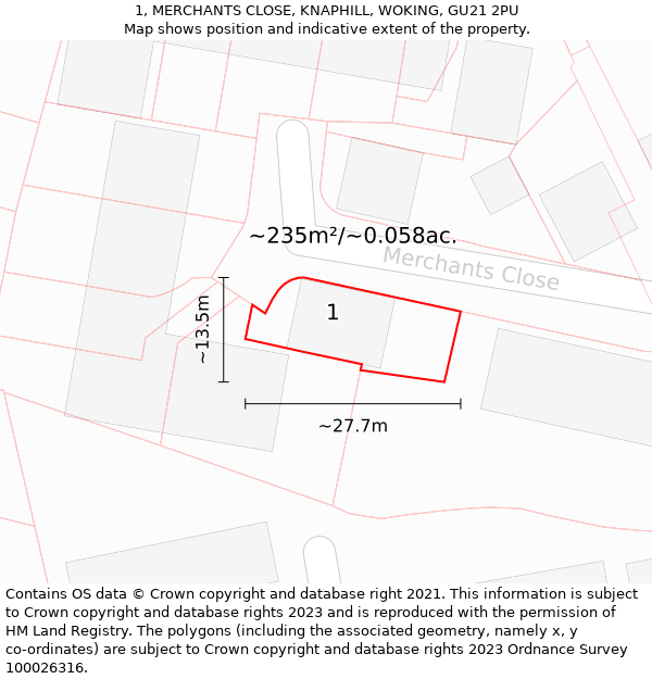 1, MERCHANTS CLOSE, KNAPHILL, WOKING, GU21 2PU: Plot and title map