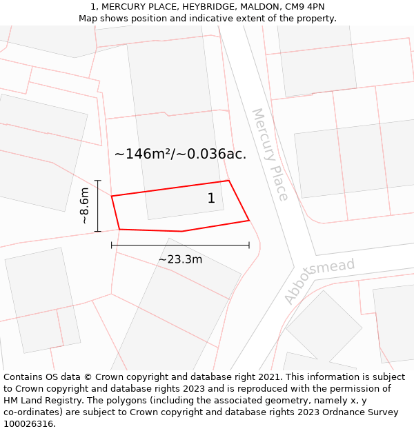 1, MERCURY PLACE, HEYBRIDGE, MALDON, CM9 4PN: Plot and title map