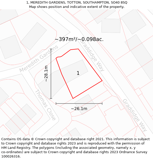 1, MEREDITH GARDENS, TOTTON, SOUTHAMPTON, SO40 8SQ: Plot and title map