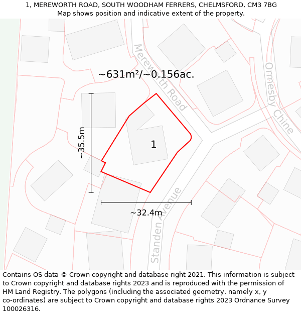 1, MEREWORTH ROAD, SOUTH WOODHAM FERRERS, CHELMSFORD, CM3 7BG: Plot and title map