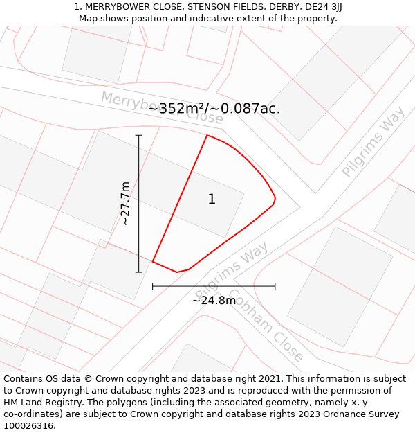 1, MERRYBOWER CLOSE, STENSON FIELDS, DERBY, DE24 3JJ: Plot and title map
