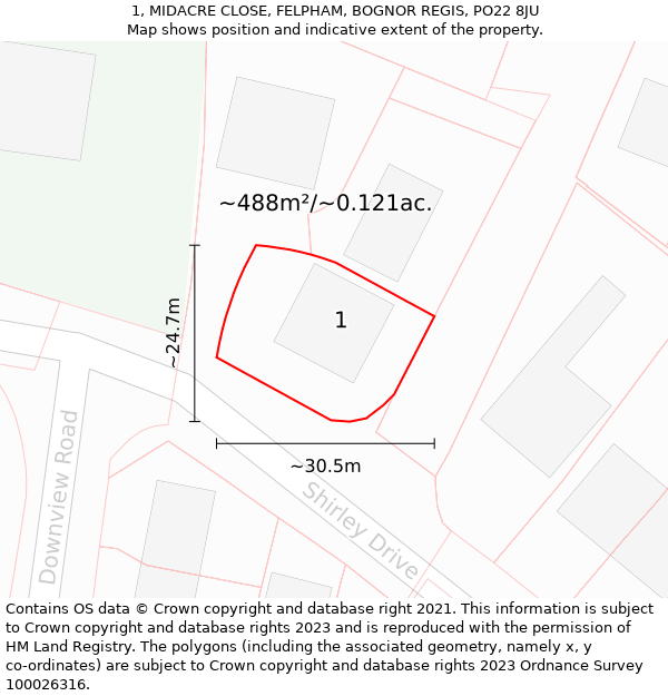 1, MIDACRE CLOSE, FELPHAM, BOGNOR REGIS, PO22 8JU: Plot and title map