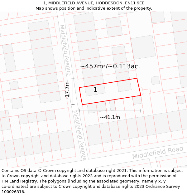 1, MIDDLEFIELD AVENUE, HODDESDON, EN11 9EE: Plot and title map