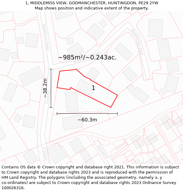 1, MIDDLEMISS VIEW, GODMANCHESTER, HUNTINGDON, PE29 2YW: Plot and title map