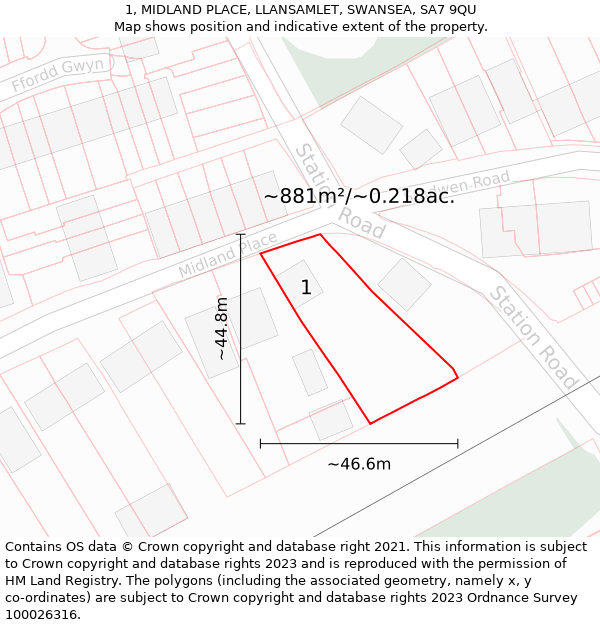 1, MIDLAND PLACE, LLANSAMLET, SWANSEA, SA7 9QU: Plot and title map