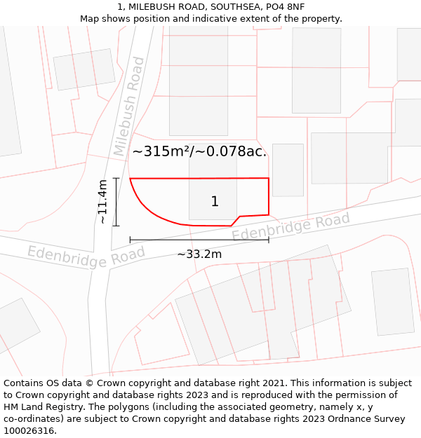 1, MILEBUSH ROAD, SOUTHSEA, PO4 8NF: Plot and title map