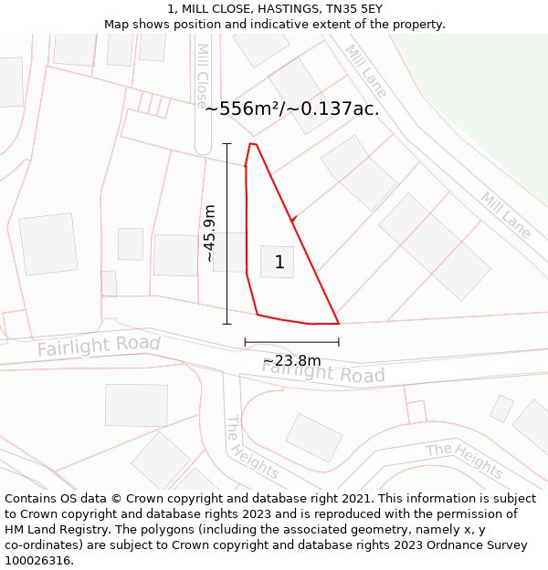 1, MILL CLOSE, HASTINGS, TN35 5EY: Plot and title map