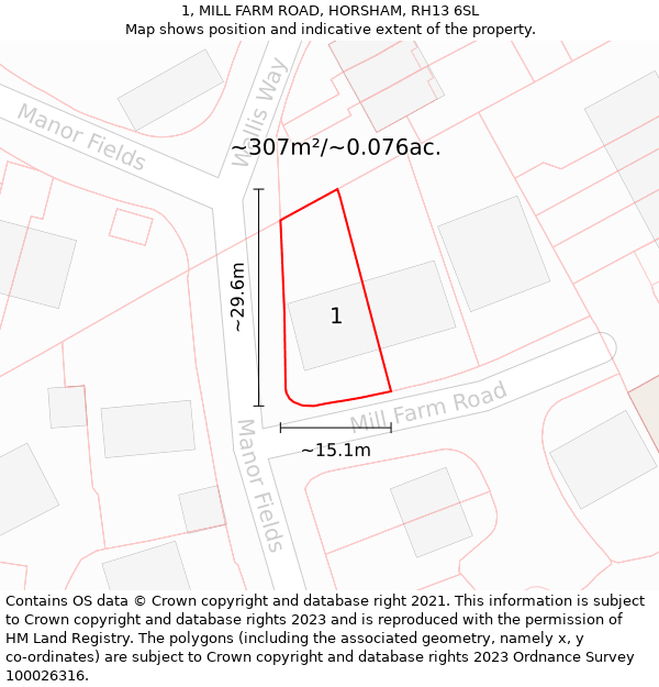 1, MILL FARM ROAD, HORSHAM, RH13 6SL: Plot and title map