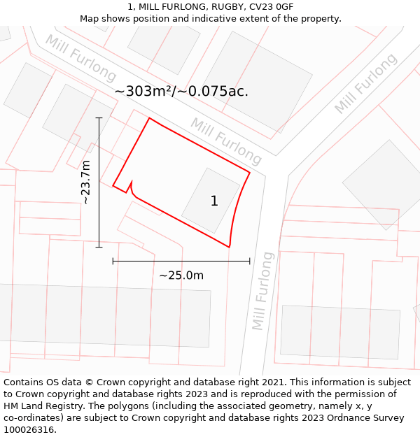 1, MILL FURLONG, RUGBY, CV23 0GF: Plot and title map