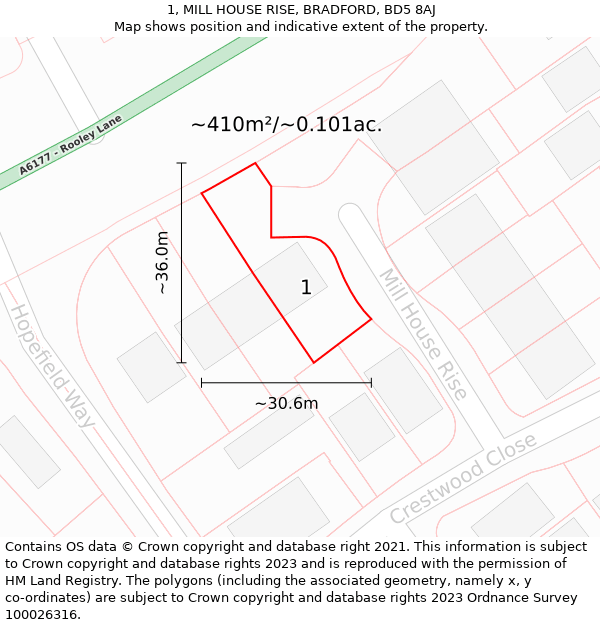 1, MILL HOUSE RISE, BRADFORD, BD5 8AJ: Plot and title map