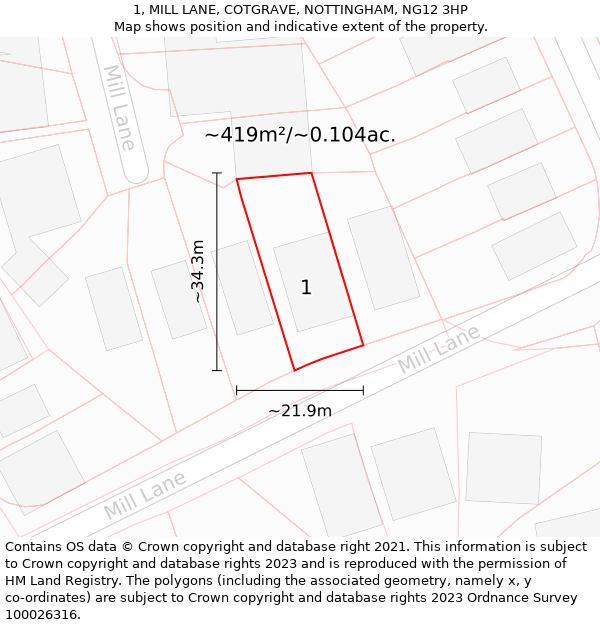 1, MILL LANE, COTGRAVE, NOTTINGHAM, NG12 3HP: Plot and title map