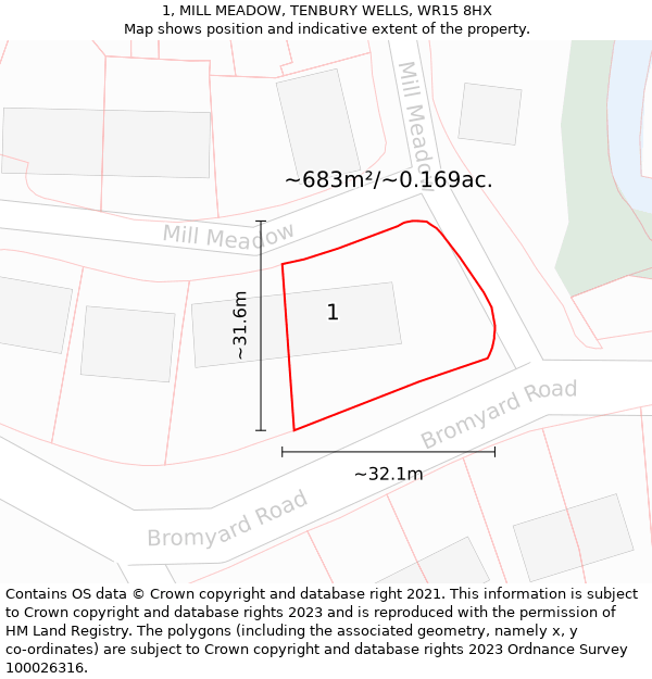 1, MILL MEADOW, TENBURY WELLS, WR15 8HX: Plot and title map