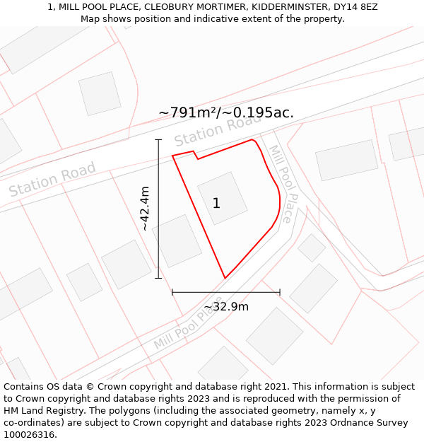 1, MILL POOL PLACE, CLEOBURY MORTIMER, KIDDERMINSTER, DY14 8EZ: Plot and title map