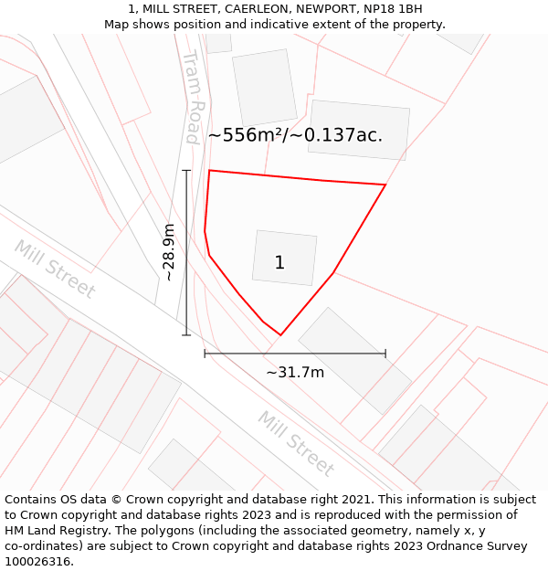 1, MILL STREET, CAERLEON, NEWPORT, NP18 1BH: Plot and title map