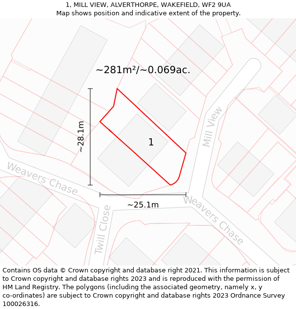 1, MILL VIEW, ALVERTHORPE, WAKEFIELD, WF2 9UA: Plot and title map