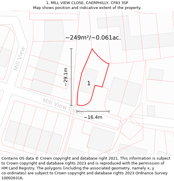 1, MILL VIEW CLOSE, CAERPHILLY, CF83 3SP: Plot and title map