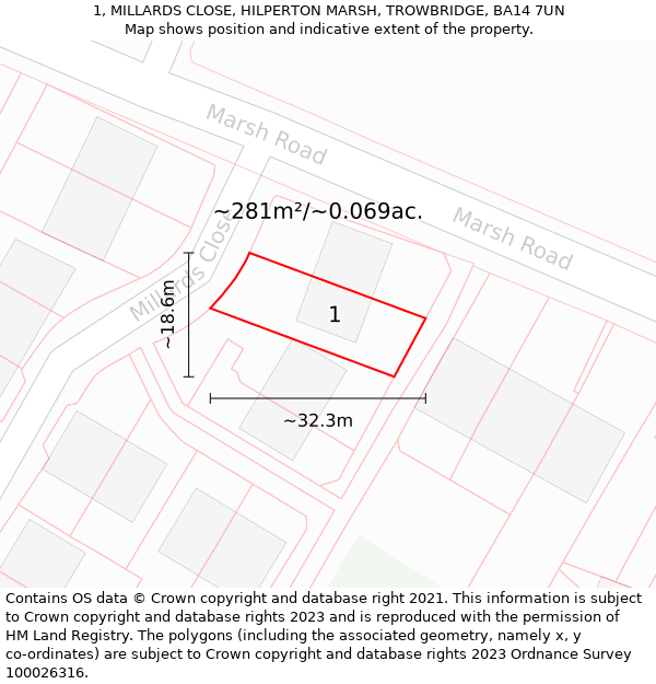 1, MILLARDS CLOSE, HILPERTON MARSH, TROWBRIDGE, BA14 7UN: Plot and title map