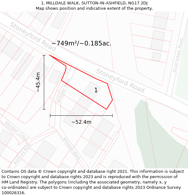 1, MILLDALE WALK, SUTTON-IN-ASHFIELD, NG17 2DJ: Plot and title map