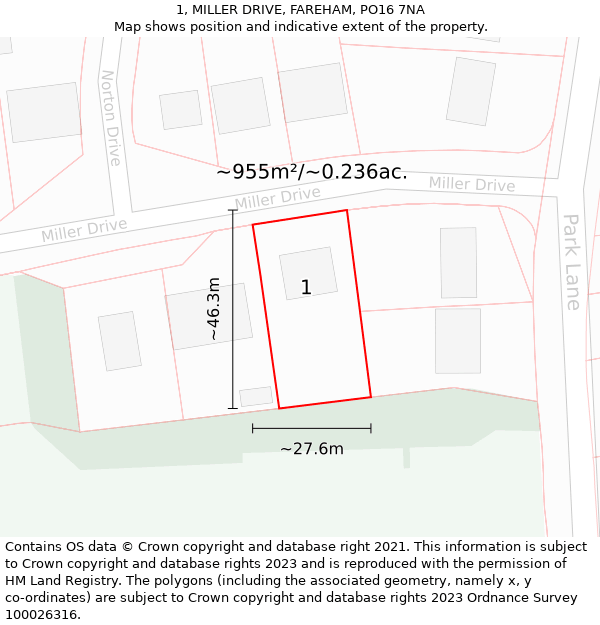 1, MILLER DRIVE, FAREHAM, PO16 7NA: Plot and title map