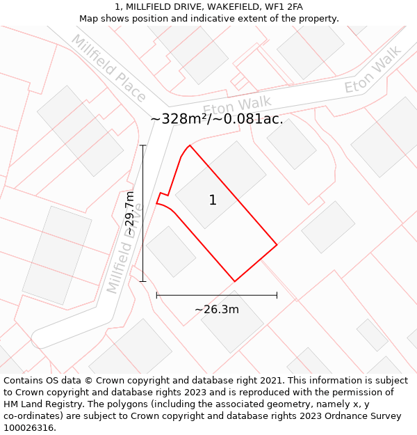 1, MILLFIELD DRIVE, WAKEFIELD, WF1 2FA: Plot and title map