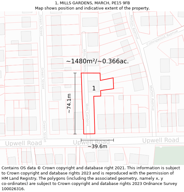 1, MILLS GARDENS, MARCH, PE15 9FB: Plot and title map