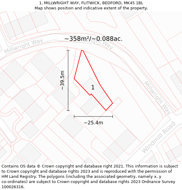 1, MILLWRIGHT WAY, FLITWICK, BEDFORD, MK45 1BL: Plot and title map