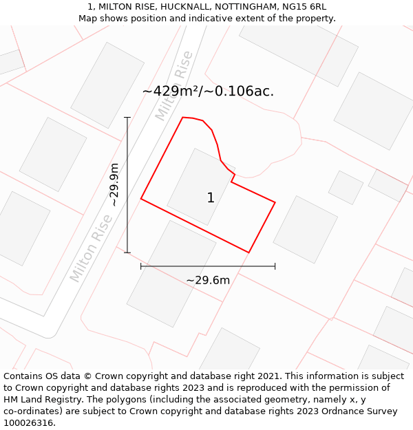 1, MILTON RISE, HUCKNALL, NOTTINGHAM, NG15 6RL: Plot and title map