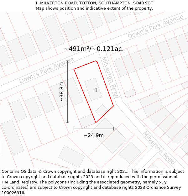 1, MILVERTON ROAD, TOTTON, SOUTHAMPTON, SO40 9GT: Plot and title map