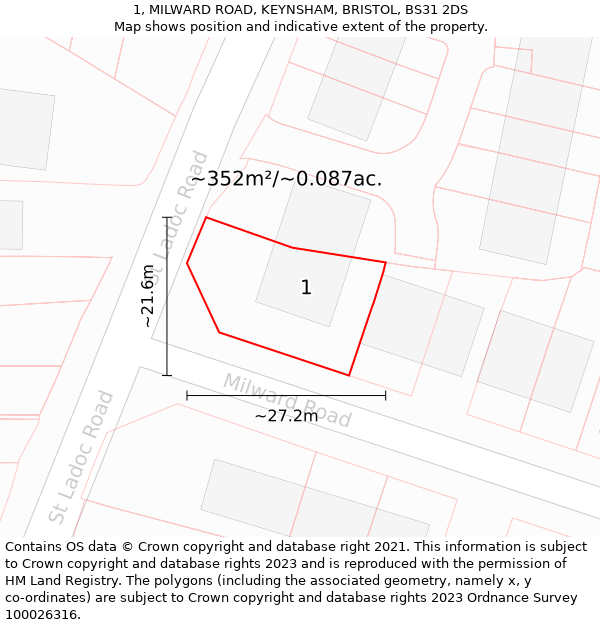 1, MILWARD ROAD, KEYNSHAM, BRISTOL, BS31 2DS: Plot and title map