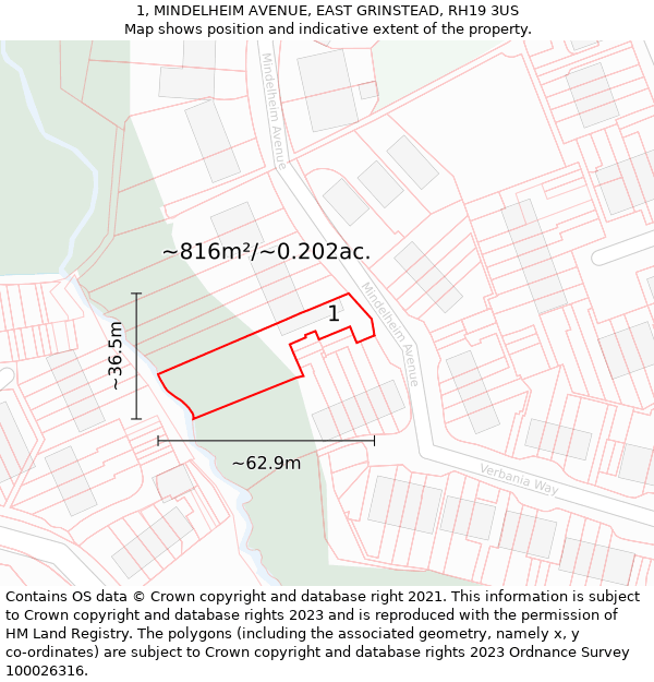 1, MINDELHEIM AVENUE, EAST GRINSTEAD, RH19 3US: Plot and title map
