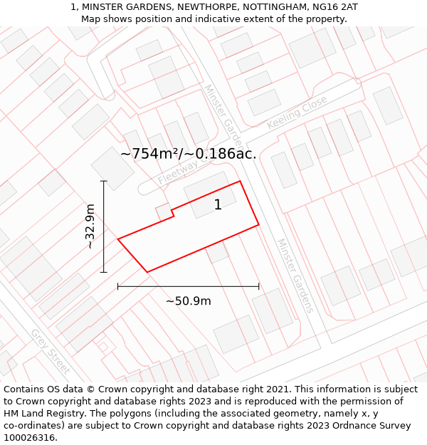 1, MINSTER GARDENS, NEWTHORPE, NOTTINGHAM, NG16 2AT: Plot and title map