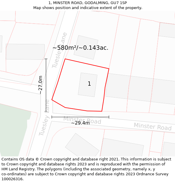 1, MINSTER ROAD, GODALMING, GU7 1SP: Plot and title map