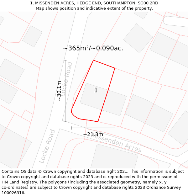 1, MISSENDEN ACRES, HEDGE END, SOUTHAMPTON, SO30 2RD: Plot and title map