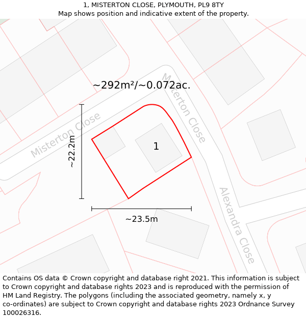 1, MISTERTON CLOSE, PLYMOUTH, PL9 8TY: Plot and title map