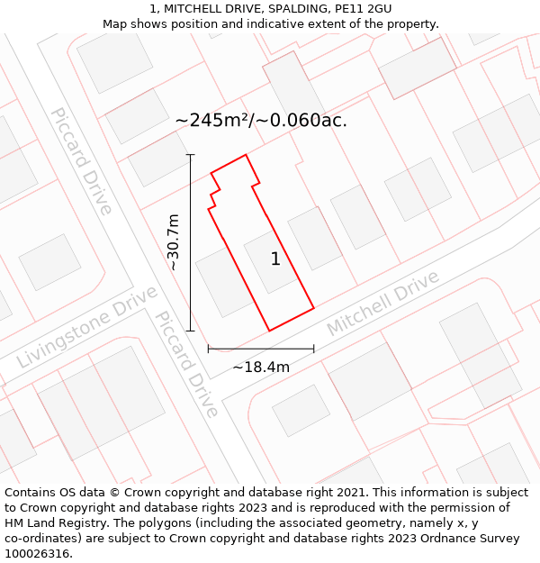 1, MITCHELL DRIVE, SPALDING, PE11 2GU: Plot and title map