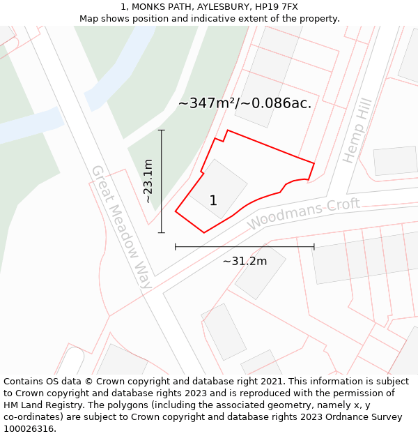 1, MONKS PATH, AYLESBURY, HP19 7FX: Plot and title map