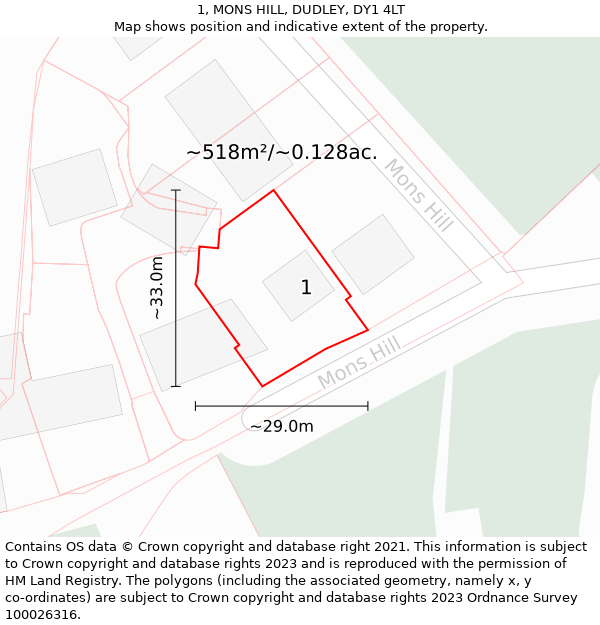 1, MONS HILL, DUDLEY, DY1 4LT: Plot and title map