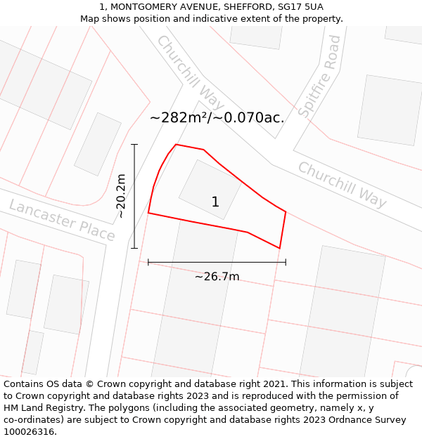 1, MONTGOMERY AVENUE, SHEFFORD, SG17 5UA: Plot and title map