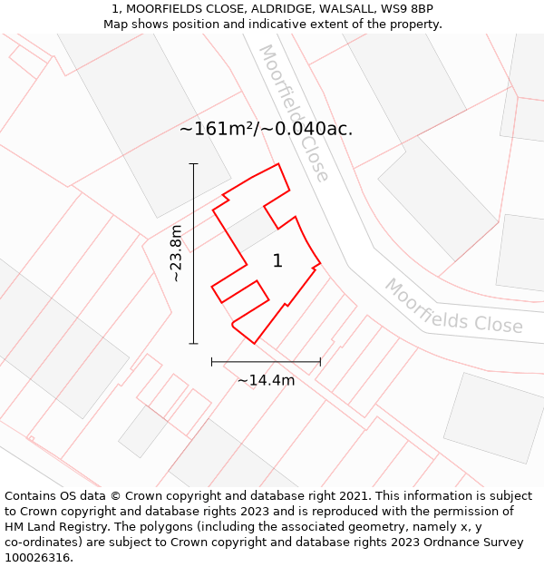 1, MOORFIELDS CLOSE, ALDRIDGE, WALSALL, WS9 8BP: Plot and title map