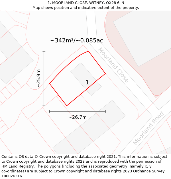 1, MOORLAND CLOSE, WITNEY, OX28 6LN: Plot and title map