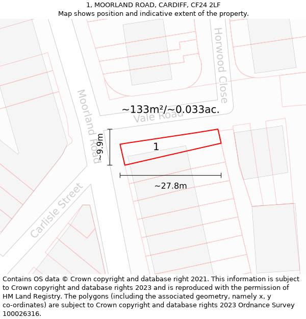 1, MOORLAND ROAD, CARDIFF, CF24 2LF: Plot and title map